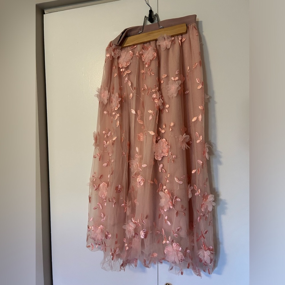 Pink floral embroidered tulle midi skirt